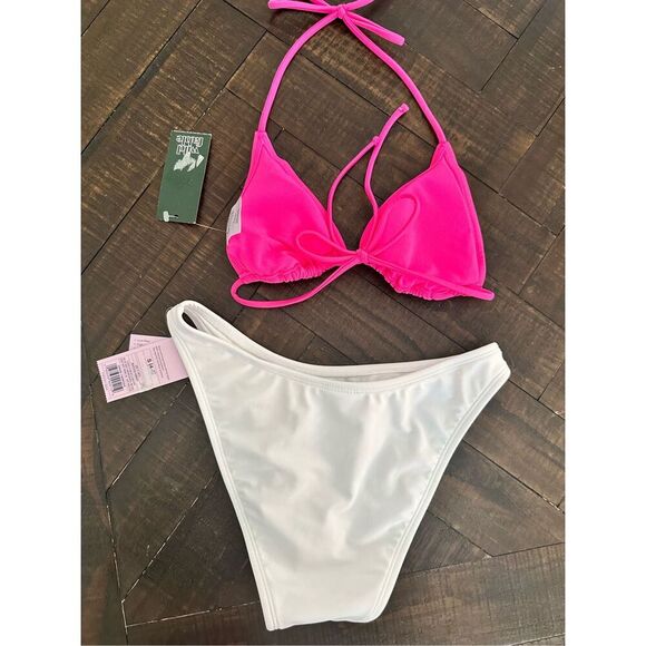 Wild Fable Bright Pink Triangle Top and White Bikini Set Size Small New - Picture 3 of 4